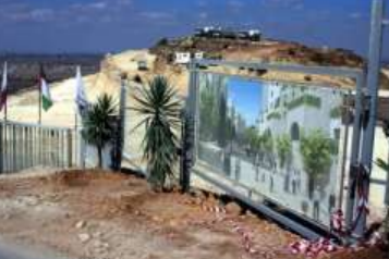 Rawabi City construction site with Palestinian flags and a large architectural rendering of the planned development