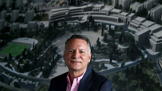 Bashar Masri standing in front of an architectural model of Rawabi City